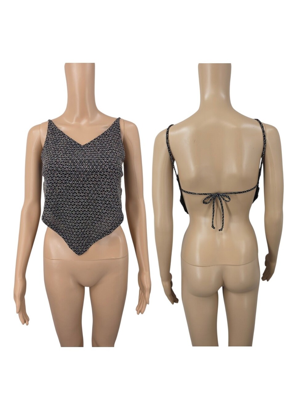 Vintage V-Neck Handkerchief Hem Tank Top Open Back Backless Bandana Style Black